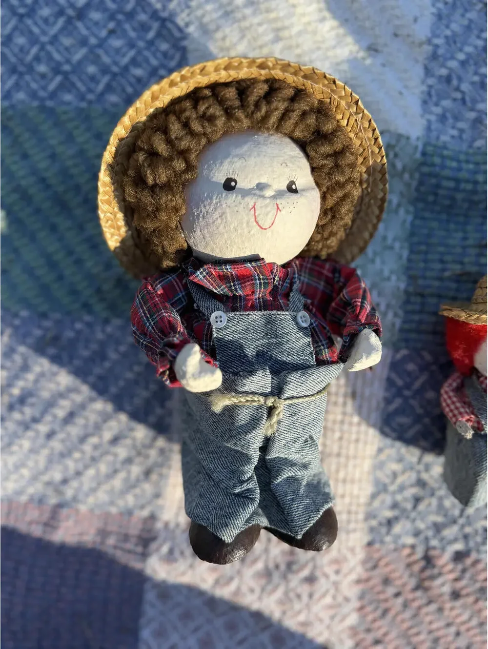 Vintage Set of Four Handmade Farmer Dolls with Straw Hats and Denim Overalls
